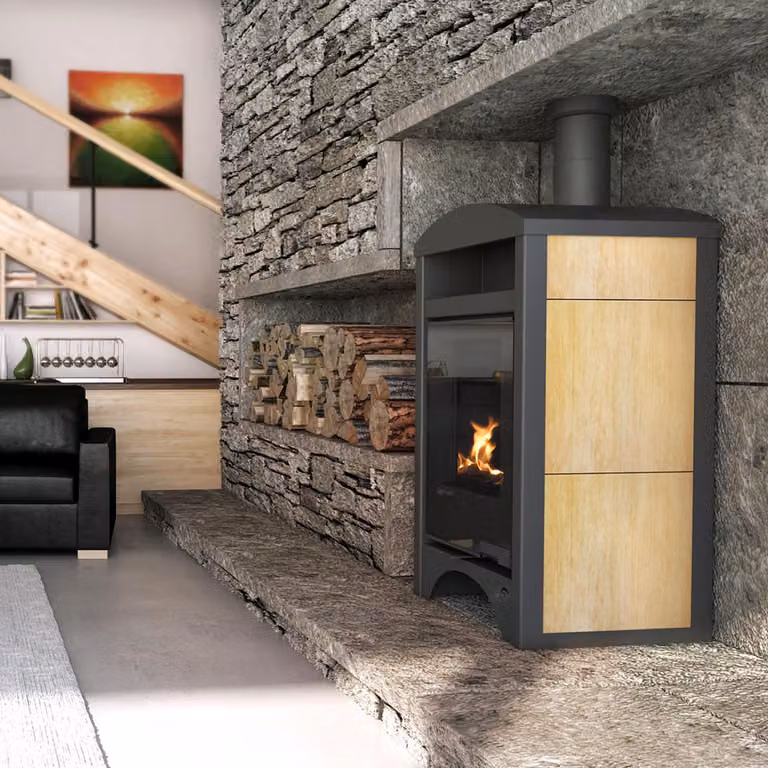 Stufa a legna HS FLAMINGO AQUAFLAM VARIO BARMA 11/7 kW - Acero