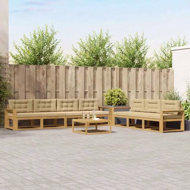 Set di divani da esterno a forma di U con tavolino vidaXL in legno di acacia, 7 pezzi, Bianco e Beige