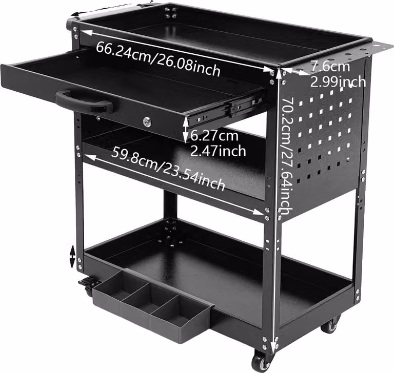 Carrello da officina, design a 3 livelli, cassetto con serratura, colore nero