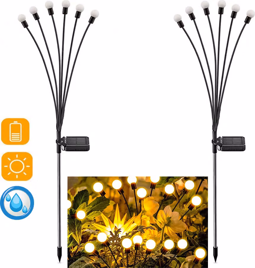 2 pezzi illuminazione solare da giardino lucciola con 6 LED picchetto a terra, lampada solare da esterno impermeabile IP65, illuminazione decorativa giardino cortile balcone, bianco caldo