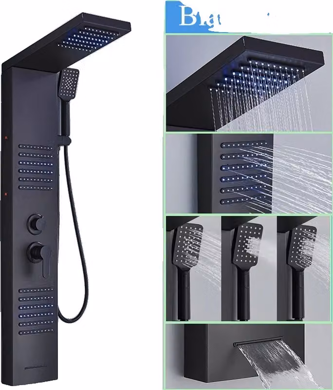 Pannello doccia a LED, funzione doccia a 4/5 livelli, design a parete, nero F-6004
