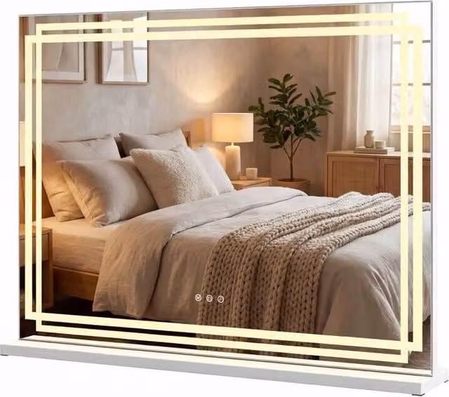Specchio da tavolo per trucco con luci LED dimmerabili e controllo touch intelligente, Design In, L 80 cm x H 62 cm x P 14 cm, Bianco o Argento