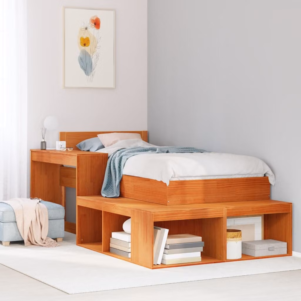 vidaXL Comodino con Scrivania in Legno di Pino Marrone Cera L: 222 cm, P: 107 cm, H: 75 cm
