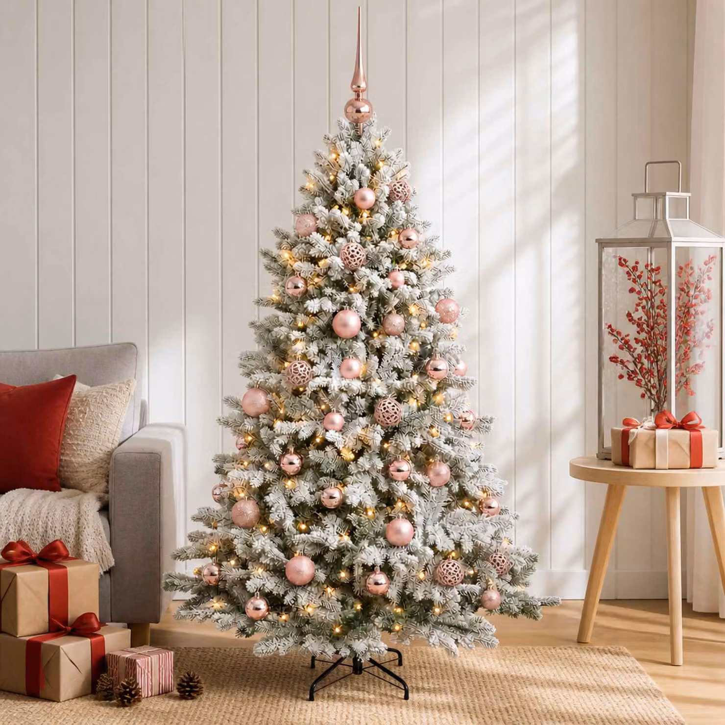 Albero di Natale artificiale vidaXL verde con 150 LED luce bianca calda e decorazioni bianche, Altezza: 150 cm