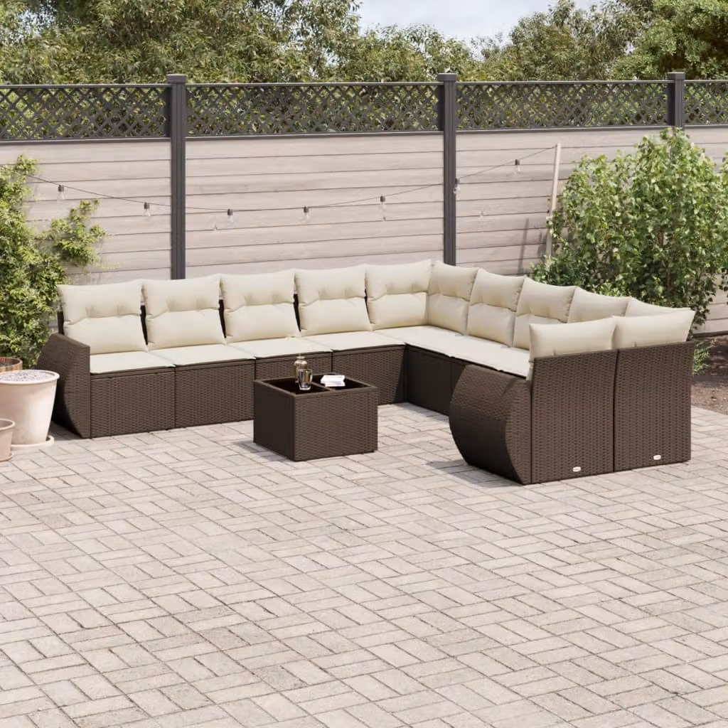vidaXL Set Divani da Giardino 11 pz in Polyrattan Marrone e Bianco con Cuscini e Tavolino da Esterno – 1