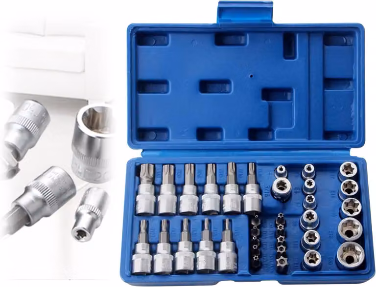 Set di chiavi a bussola Torx, 34 pezzi, in acciaio cromo-vanadio, durezza 58 HRC, per uso in officina e nell'industria