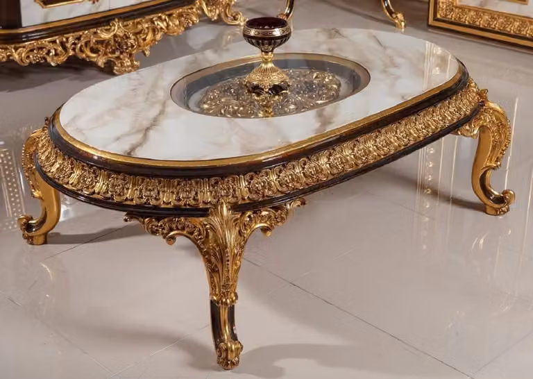 Tavolino barocco con piano in vetro bianco / marrone scuro / oro - Magnifico tavolo da salotto in legno massiccio in stile barocco - Mobili da salotto barocchi - Nobile & Magnifico
