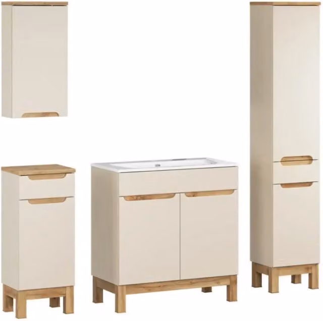 Insieme ERMANO cashmere e finitura quercia 150cm: mobile sotto lavabo + lavabo incassato + mobili sospesi e da appoggio