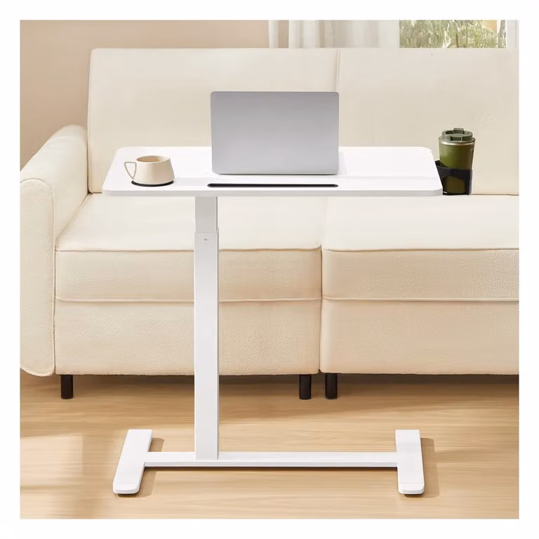 Scrivania con ruote piano regolabile portabicchieri e slot integrato, 80 x 45 cm / Bianco Nuvola