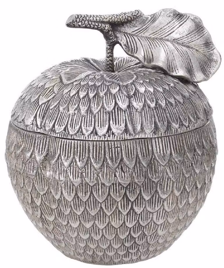 Casa Padrino scatola portaoggetti con coperchio a forma di mela in argento antico Ø 18 x H. 20 cm - Accessori decorativi