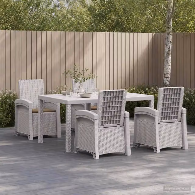 Set da pranzo moderno vidaXL in rattan sintetico per giardino e terrazzo, colore bianco e beige – 1