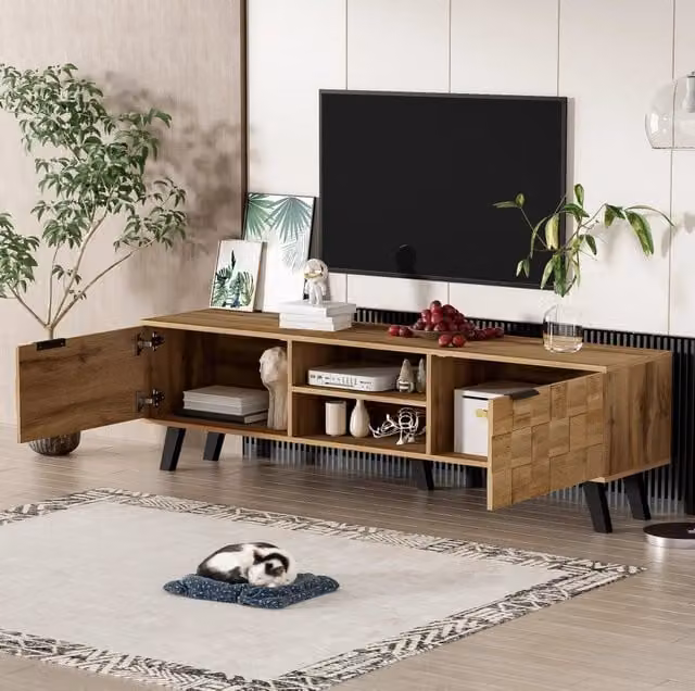 Mobile TV moderno MODFU in truciolare effetto legno marrone con 2 ante e 2 vani aperti L/P/H: 160,5 x 35,5 x 45 cm