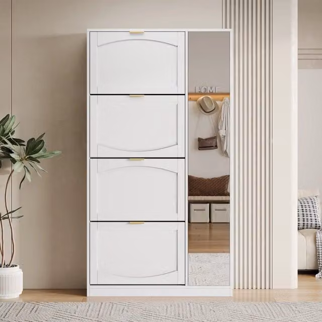 Mobile porta scarpe WISHDOR moderno con specchio su anta, ante a battente e ripiani interni, bianco, L: 80 cm, P: 24 cm, H: 147 cm