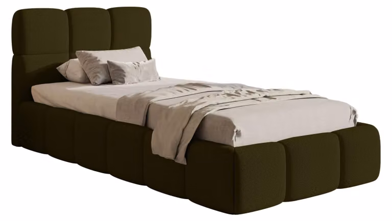 Selsey Cloudy – Letto imbottito 90x200 cm, contenitore e rete a doghe, bouclé verde oliva