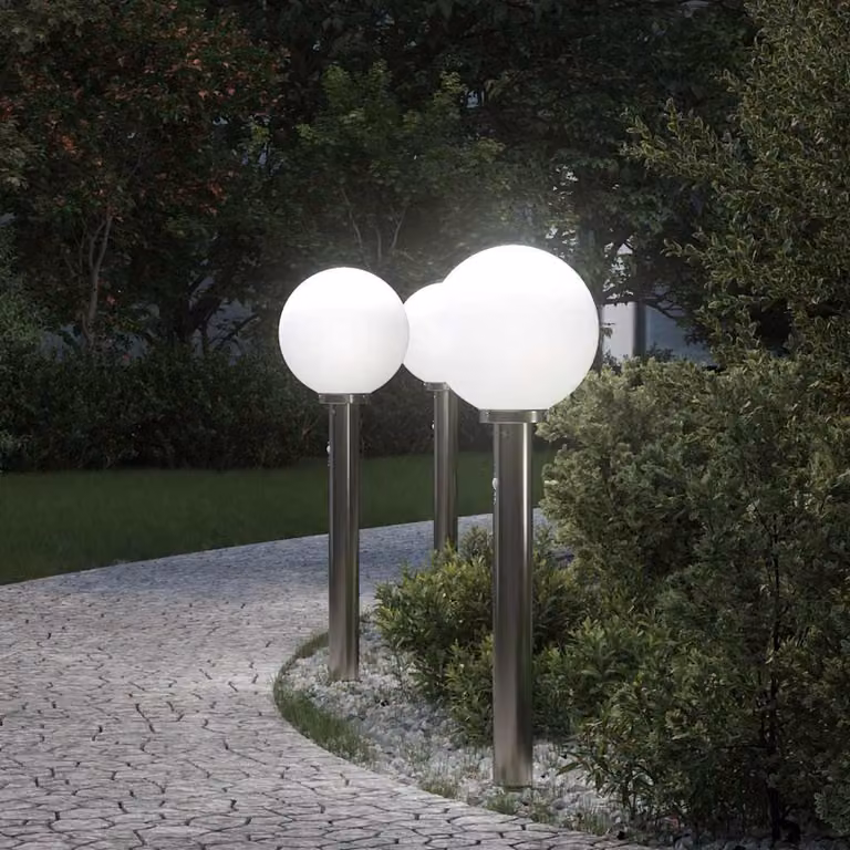 Set di 3 lampioni a dissuasore vidaXL con sensore di movimento, Acciaio Inox e Plastica, Colore Argento, Altezza: 80 cm, Protezione IP44