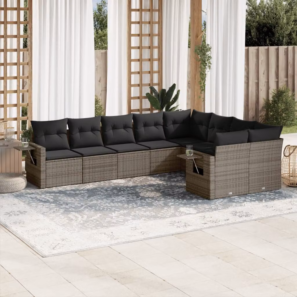 vidaXL Set Divano da Giardino a L 9 pz Grigio con Cuscini in Polyrattan e Acciaio Verniciato a Polvere – 1