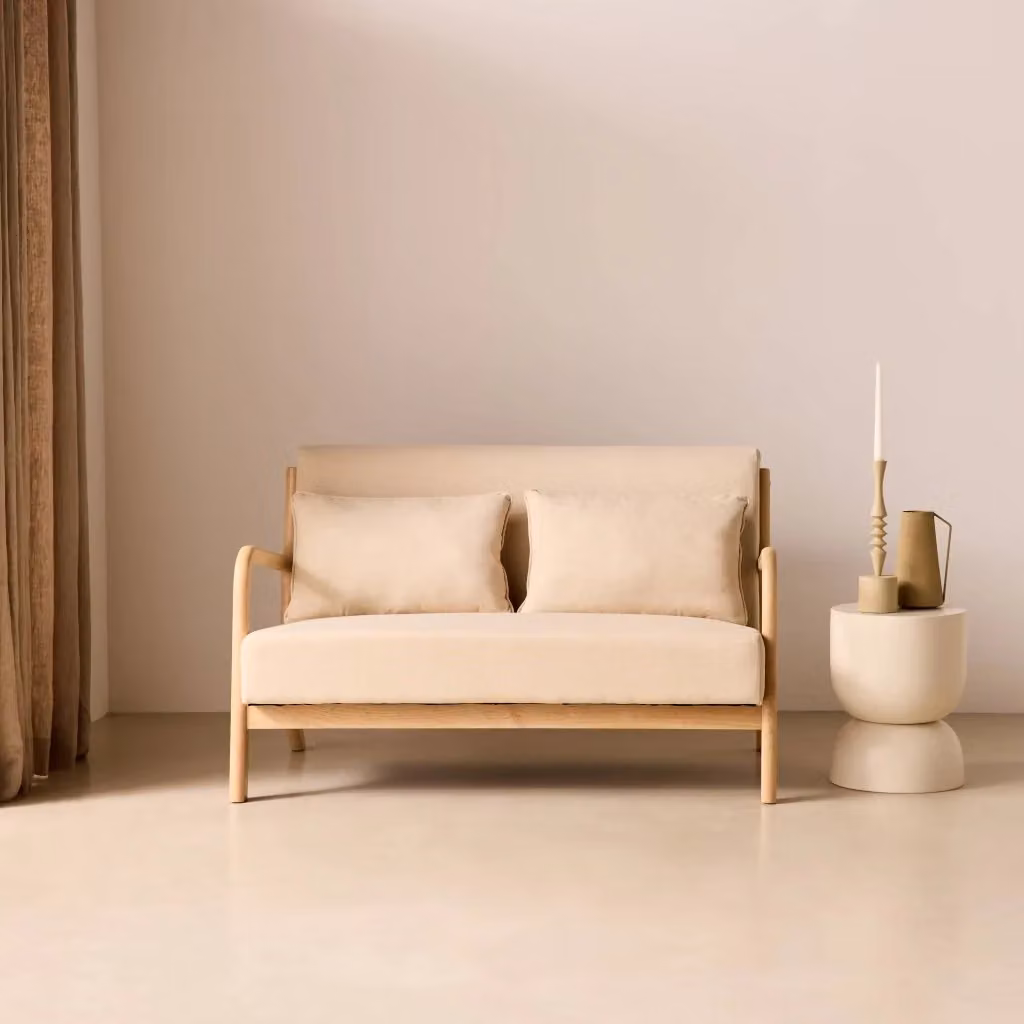 Panca stile scandinavo Sweeek in legno e tessuto beige per 2 persone, L: 124 cm, P: 38 cm, H: 45 cm – 2