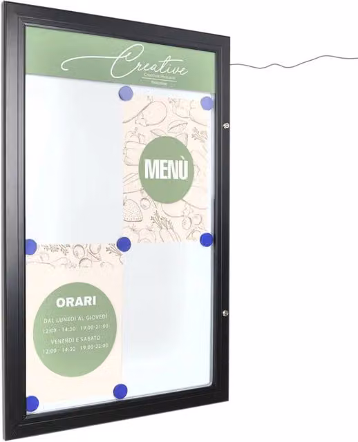 Bacheca per esterni Top Eventi Store per Menu nera con illuminazione LED e formato 2 x A4