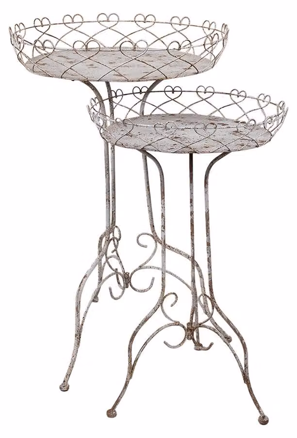 Tavolo per piante Clayre & Eef Set di 2 Ø 52x84/ Ø42x66 cm Metallo bianco marrone