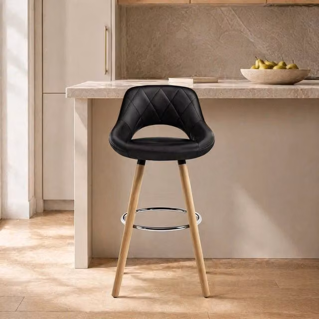 Sgabello da bar con schienale REDOM in similpelle nera e legno, Altezza: 68 cm