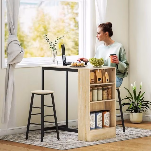 Set tavolo bar OKWISH con sgabelli per 2 persone, stile moderno in metallo nero con spazio contenitivo e poggiapiedi