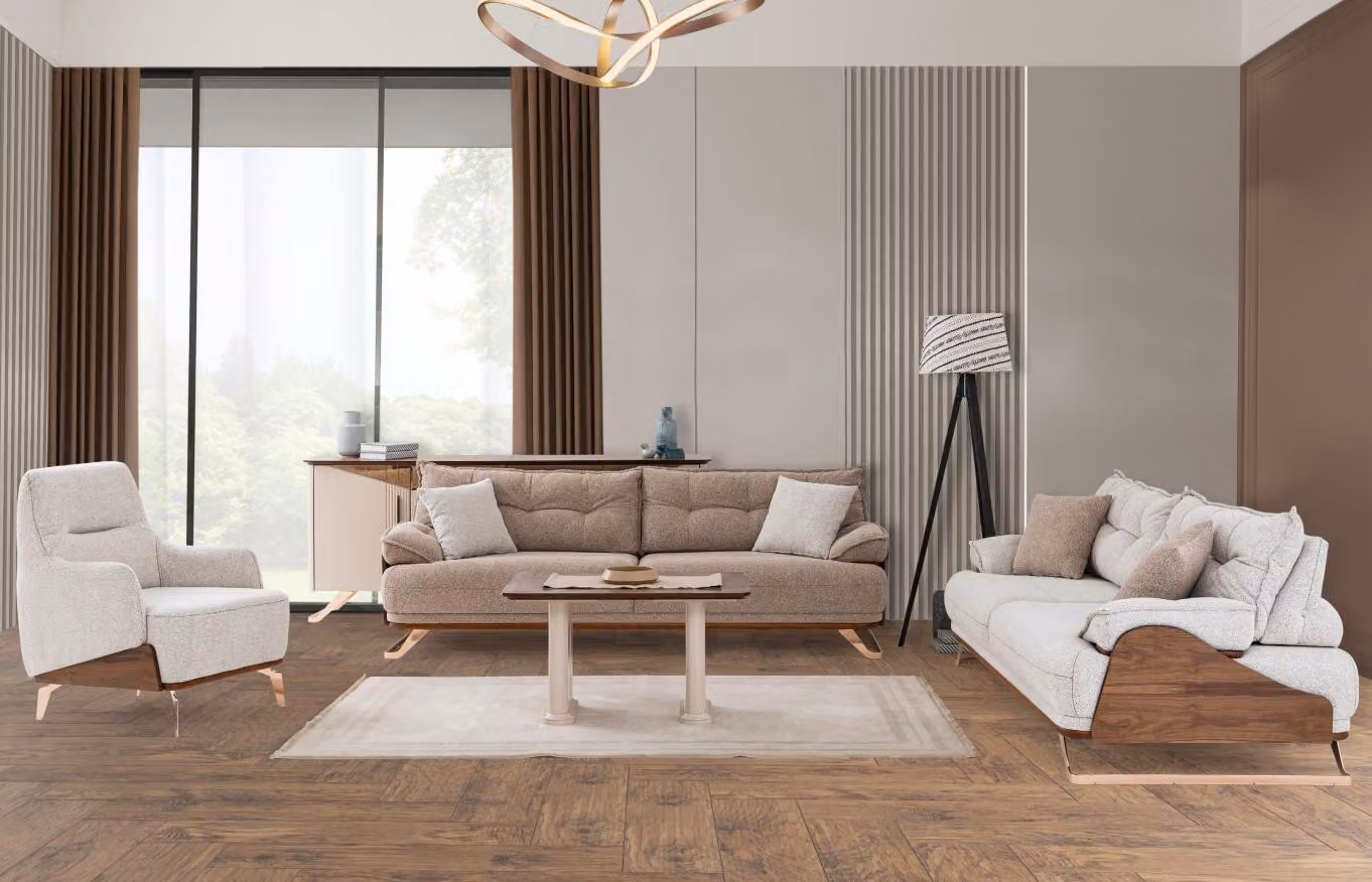Komplette Beige Couchgarnitur Designer Dreisitzer Sessel Polster Möbel