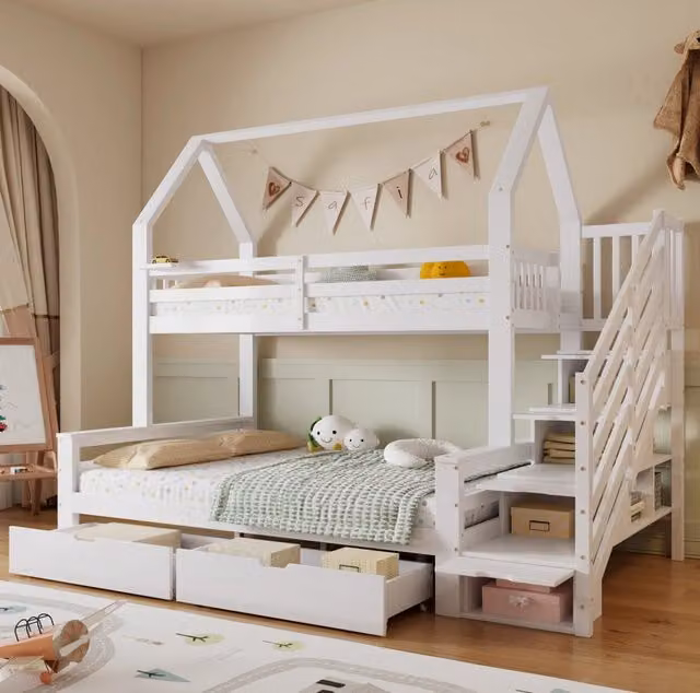 Letto a castello per bambini con tetto; scala contenitore e 2 cassetti; bianco; 252;5x144;5x213;5 cm