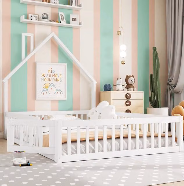 Letto per bambini 140x200 cm; forma camino; legno; bianco (Senza materasso)