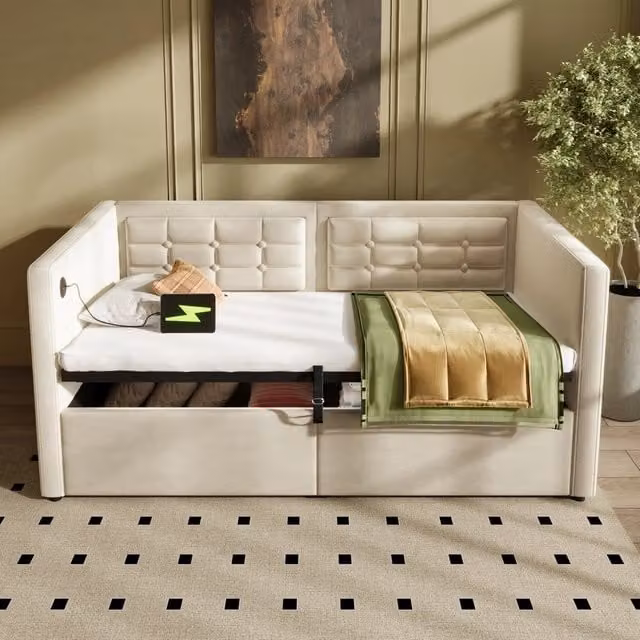 Letto singolo imbottito 90 × 200 cm con vano contenitore idraulico in velluto beige e ricarica USB Type-C