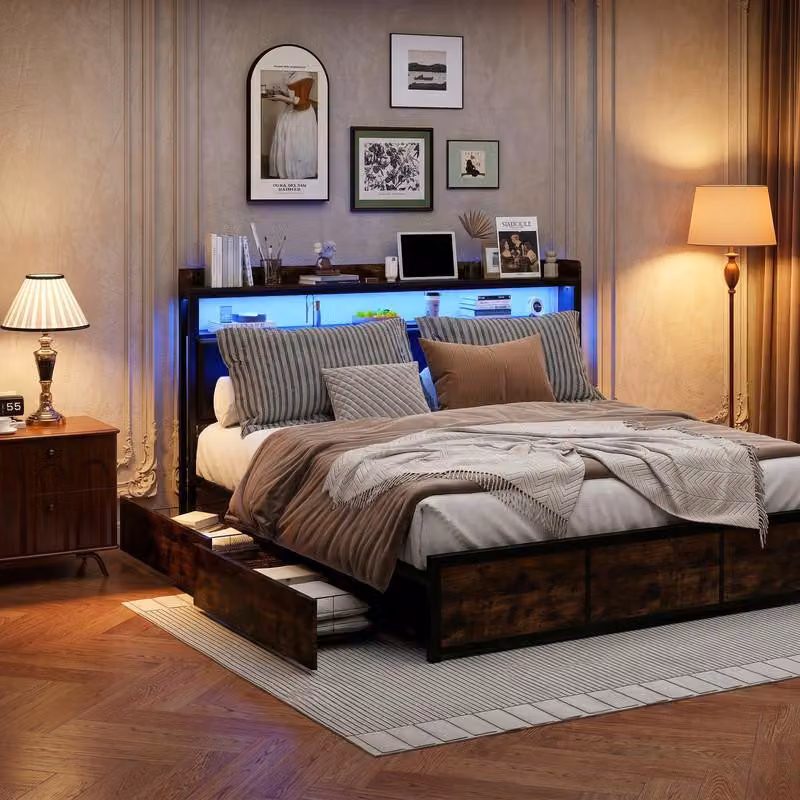 ProximaX Letto industriale 180x200 cm con illuminazione a LED e 4 cassetti, letto in metallo con effetto legno vintage