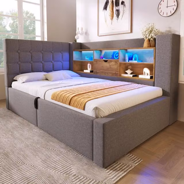Letto singolo 90 × 190 cm con contenitore idraulico, LED, USB e USB-C, senza materasso, lino grigio