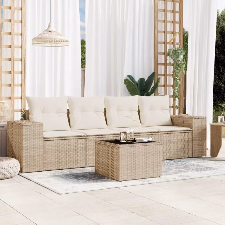 vidaXL Set Divano da Giardino 5 pz in Polyrattan con Cuscini Beige e Tavolino da Esterno