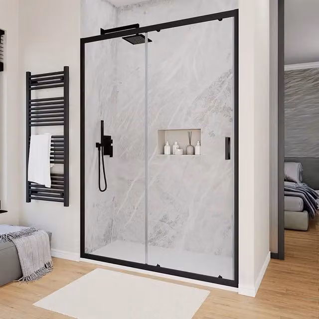 Porta doccia 130 cm scorrevole profili nero opaco vetro 6mm trasparente h190 | Sicily