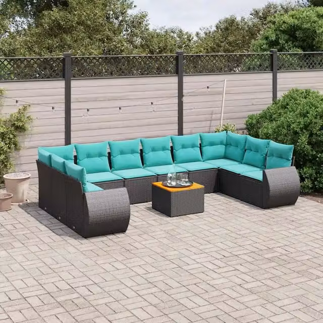 Set Divani da Giardino 11 pz con Cuscini Nero in Polyrattan 3225175