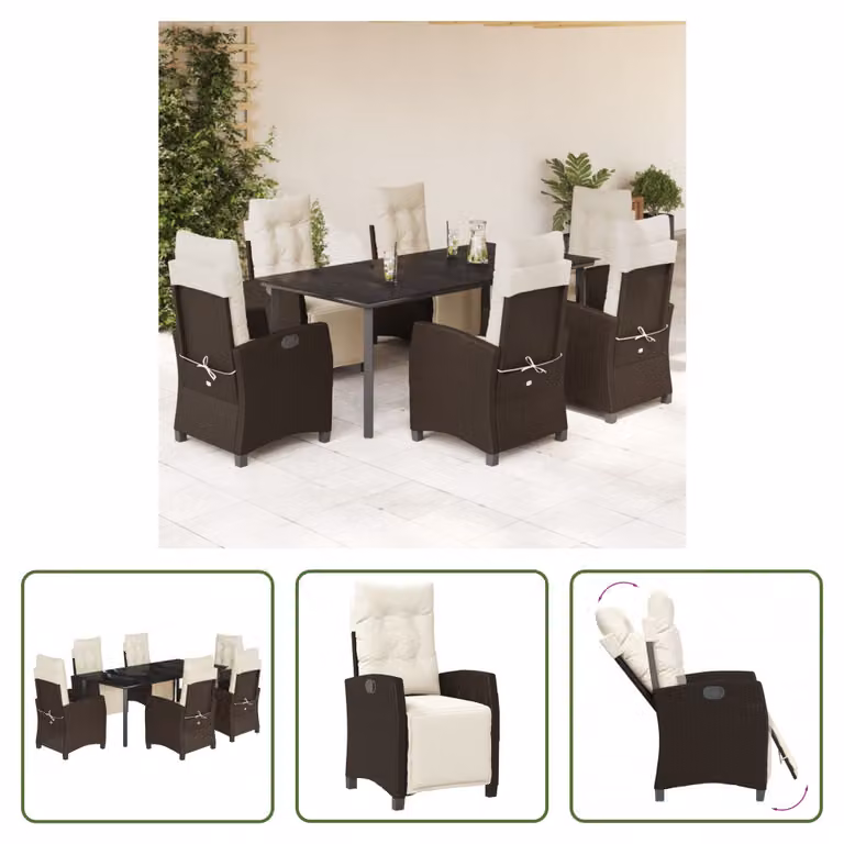 The Living Store Set da pranzo da giardino 7 pezzi con cuscini in polirattan marrone