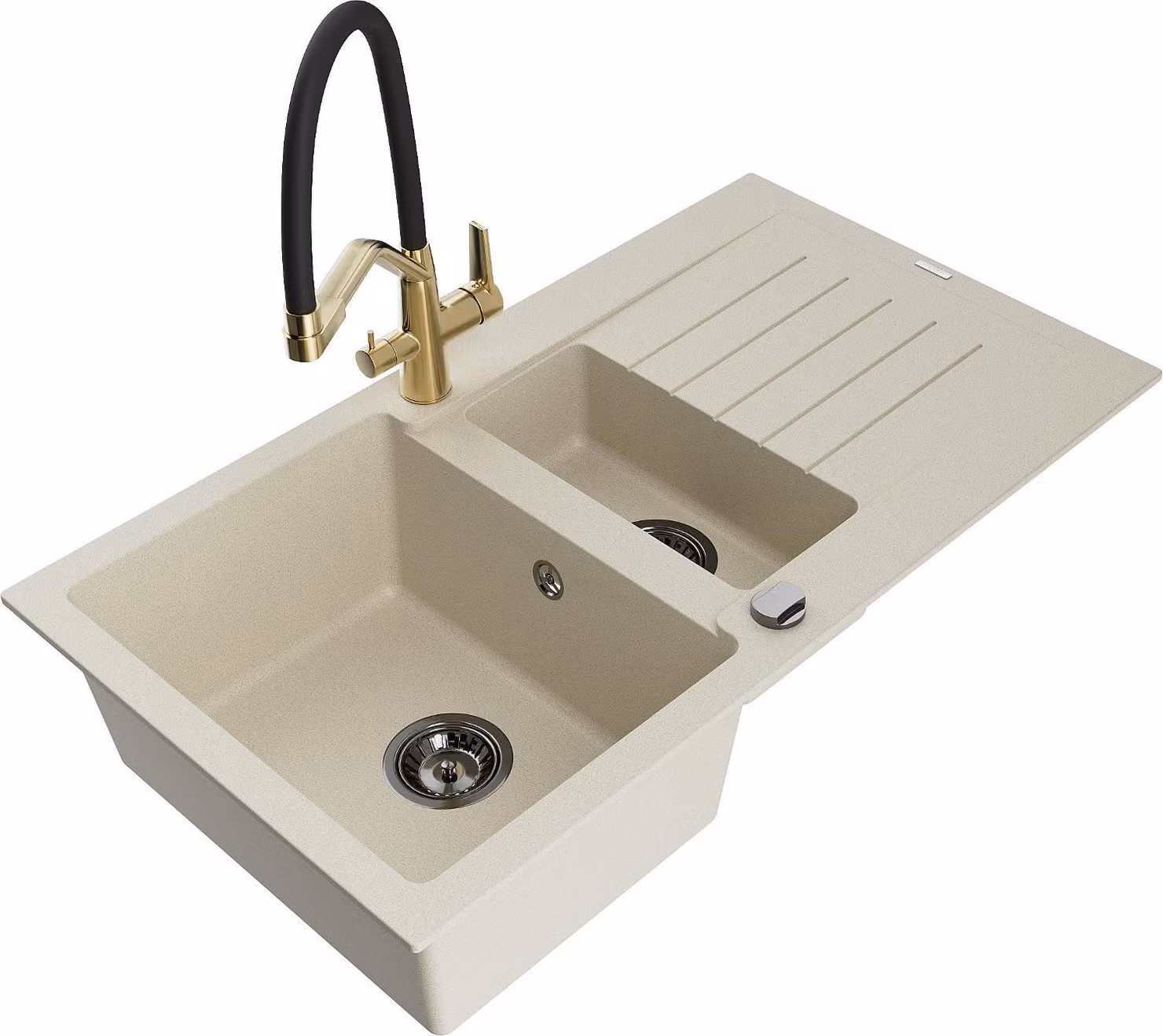 Mexen Matias lavello in granito 1,5 vasca con sgocciolatoio e rubinetto da cucina Duo, beige - 6502-69-671701-57-B
