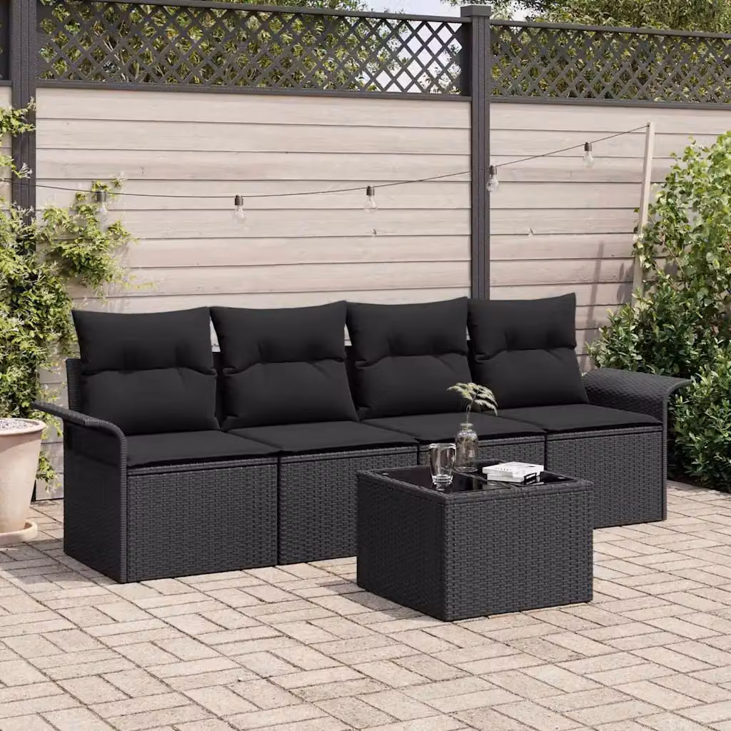 Set Divano da Giardino 5 Pezzi vidaXL Nero con Cuscini e Tavolino in Polyrattan e Metallo – 1