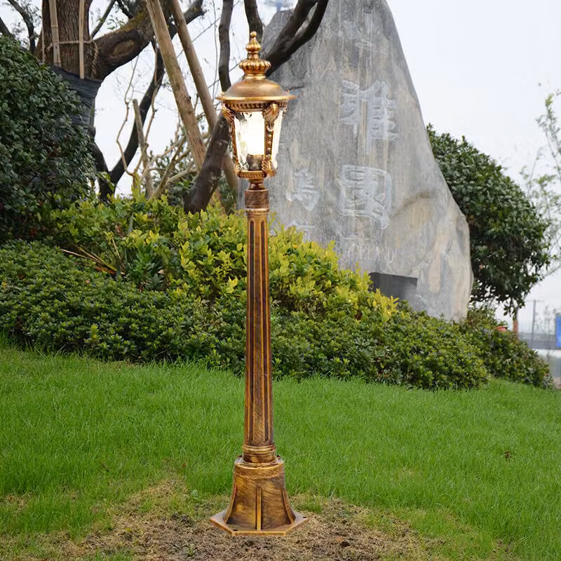 Lampada da giardino per esterni a candelabroHW110cm in look antico, alluminio fuso in marrone/oro, vetri veri, presa E27 retro/vintage (HW110)