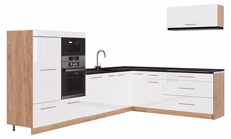 Cucina angolare completa Vicco Fame-Line Bianco lucido/Rovere dorato 327 x 227 cm, PL Antracite, Model 64404
