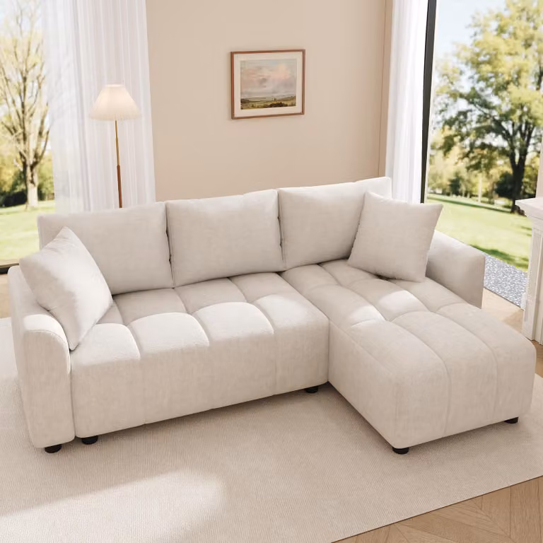Divano a 3 posti Merax, divano angolare a L con chaise longue, tessuto ciniglia, divano per soggiorno e appartamento, con 2 cuscini, divano, divanetto, beige