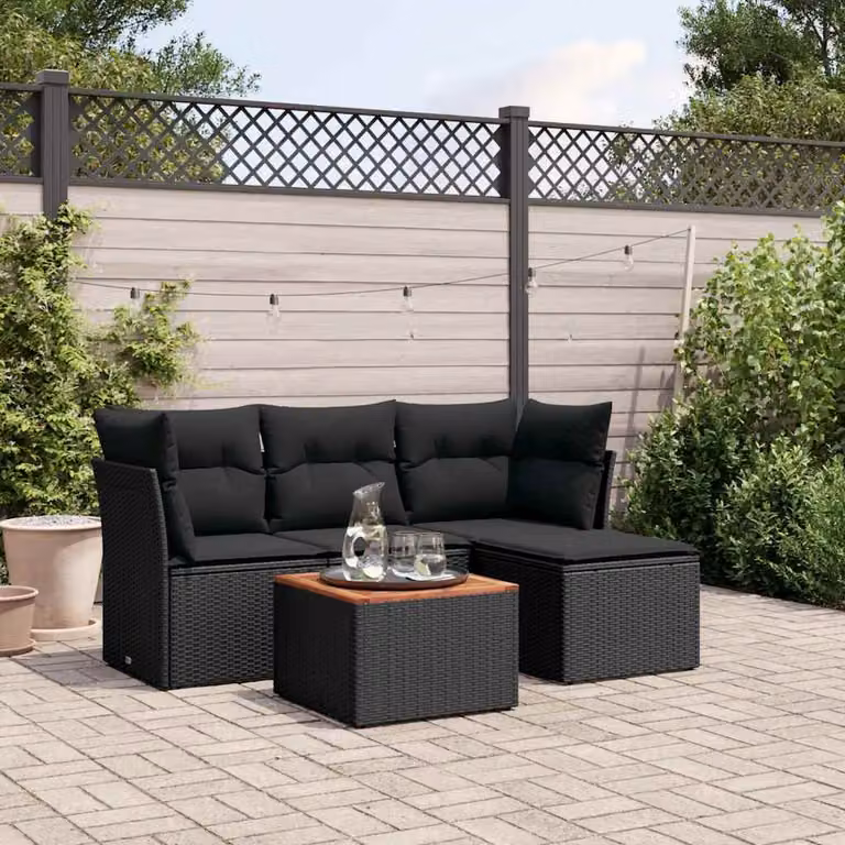 vidaXL Set Divani da Giardino 5 pz a L con Cuscini in Polyrattan Nero e Tavolino da Esterno