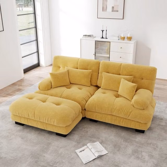 Divano angolare in ciniglia, divano a due posti giallo con pouf modulare, braccioli larghi e cuscini inclusi, 220x145x81 cm