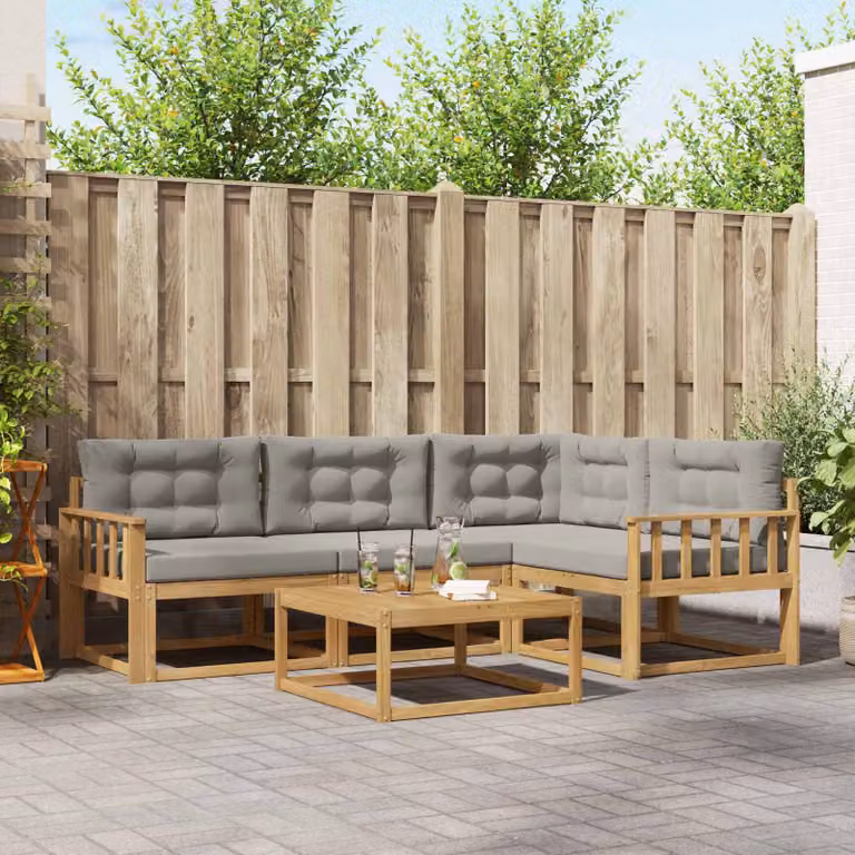 Set di divani da esterno vidaXL a forma di L composto da 5 pezzi con tavolo da caffè, in legno di acacia e poliestere resistente ai raggi UV, colori bianco, grigio e marrone