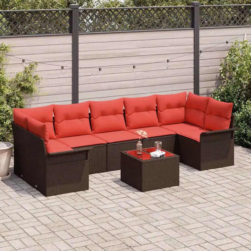 Set Divano da Giardino vidaXL 8 Pezzi in Polyrattan con Cuscini Beige e Rosso