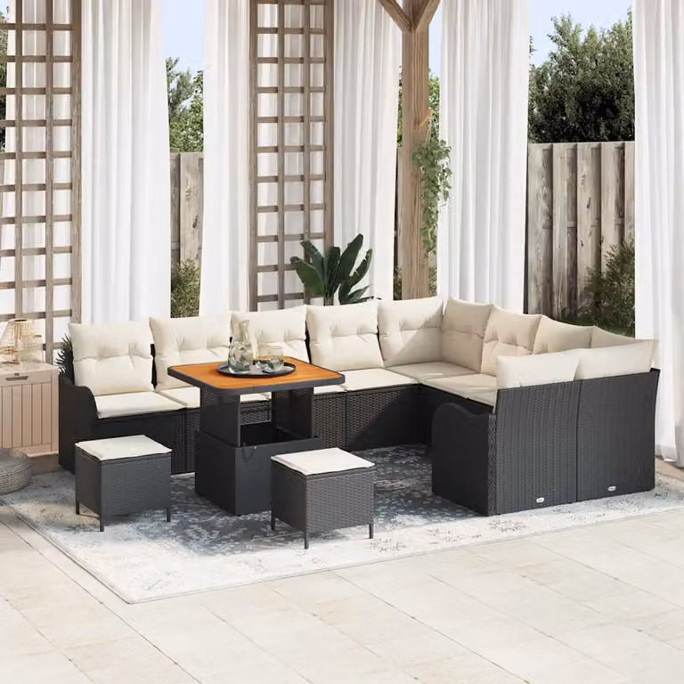 Set Divano da Giardino vidaXL 12 Pezzi a Forma di U con Cuscini Nero e Beige