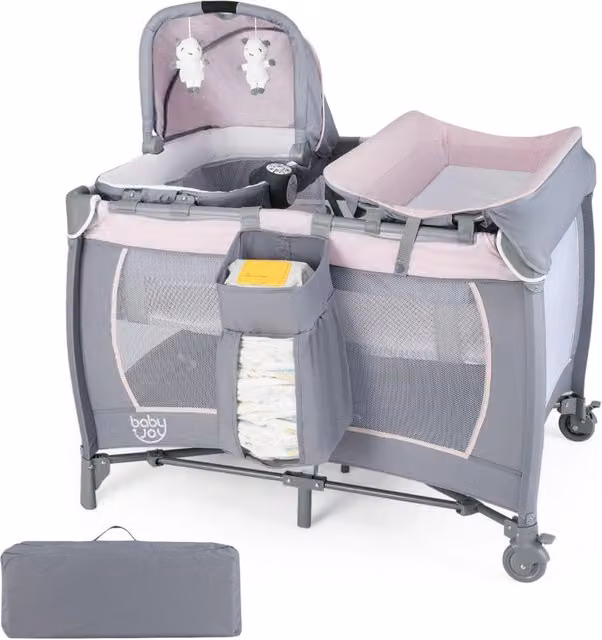 Box portatile per bambini con culla a dondolo e fasciatoio, Lettino pieghevole pack per neonati e bambini fino a 3 anni Rosa