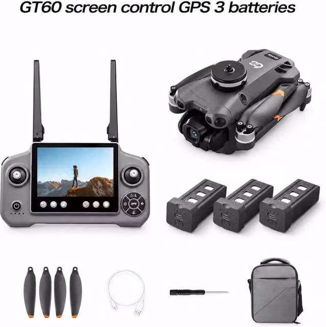Drone pieghevole GT60 con telecamera 720P, GPS, Wi-Fi e sensore anti-collisione, colore grigio, include 3 batterie da 2650mAh per 60 minuti di volo e borsa per il trasporto – 1