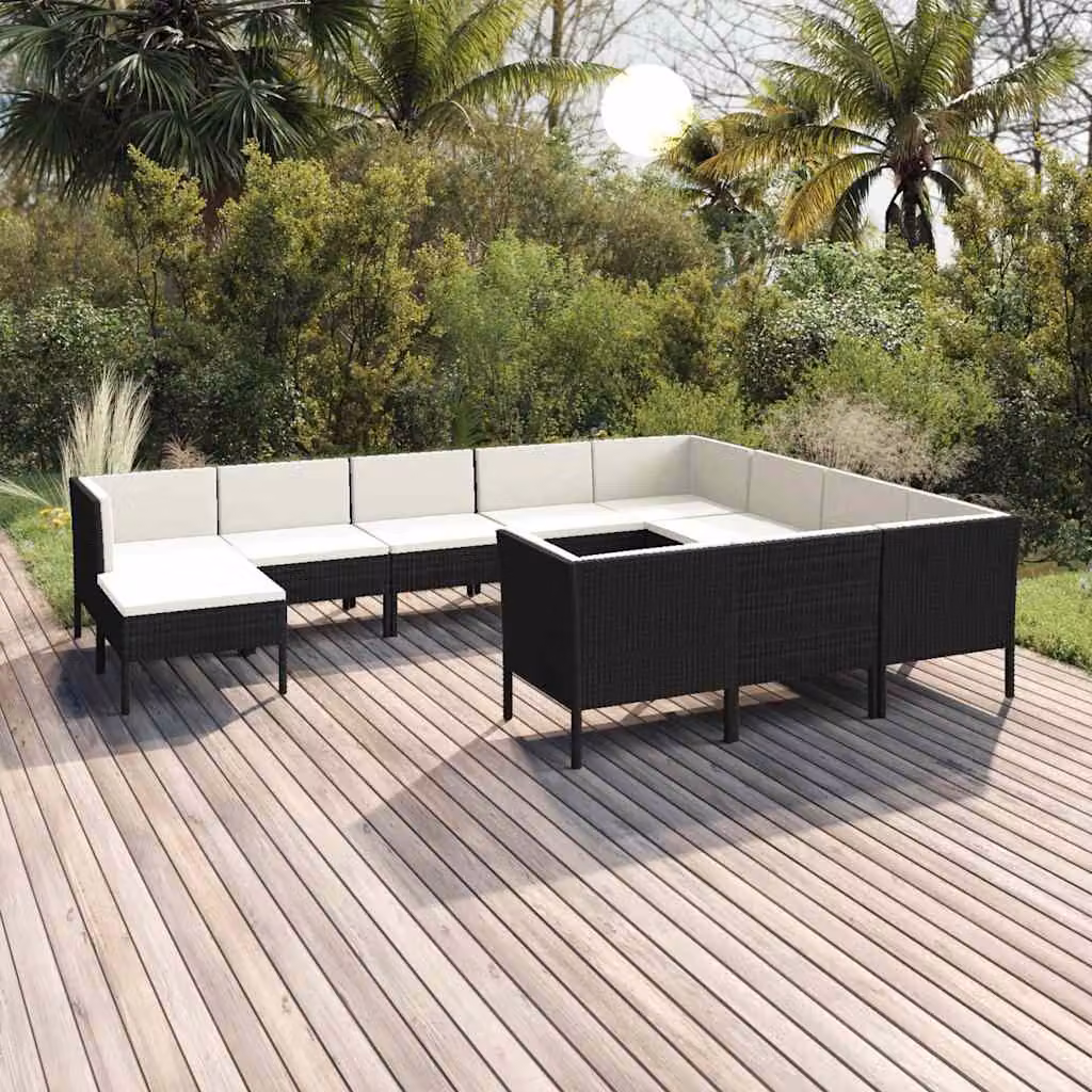 Set Divani da Giardino vidaXL 11 pz in Polyrattan e Metallo con Cuscini Bianchi e Neri a Forma a U