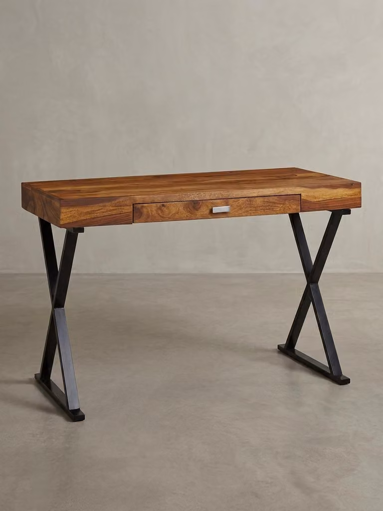 Scrivania in legno massello Sheesham, struttura in metallo a forma di X, cassetto. Nero, 120x55x78 cm | Kadima Design