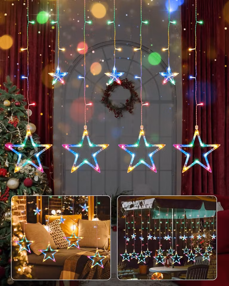 Tenda luminosa con 138 LED, dimensioni 2,4 x 1 metro, 12 stelle, timer, per uso interno